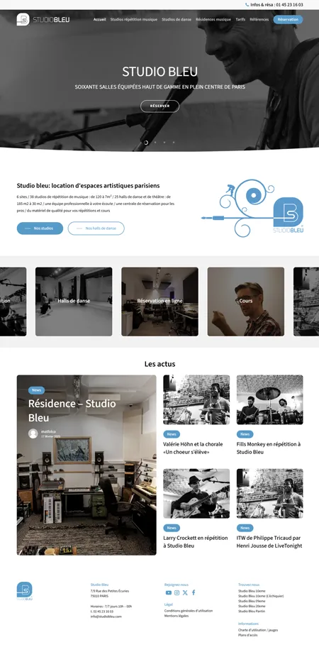 Capture d'écran de Studio Bleu, location de studio de répétition à Paris